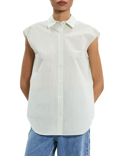 Theory Cinched Cap-sleeve Shirt In Striped Cotton-blend In White
