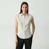 Theory Cinched Cap-sleeve Shirt In Striped Cotton-blend In Sand Multi