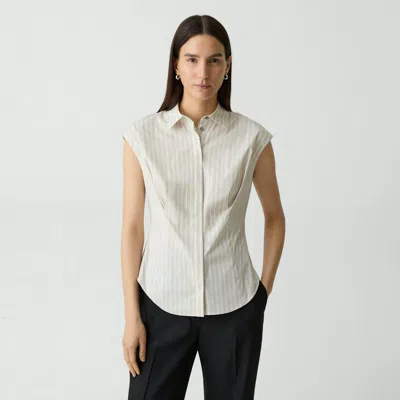 Theory Cinched Cap-sleeve Shirt In Striped Cotton-blend In Sand Multi