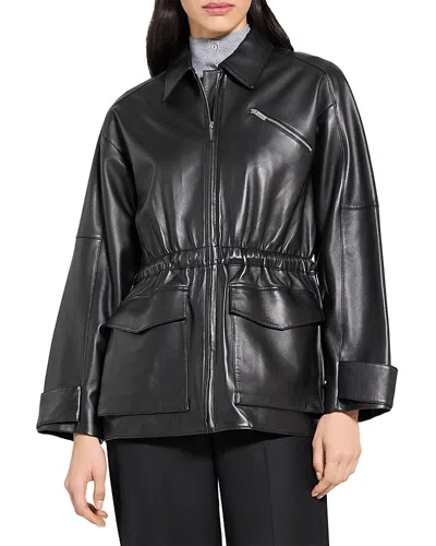 Theory Cinched Zip Up Leather Jacket In Black