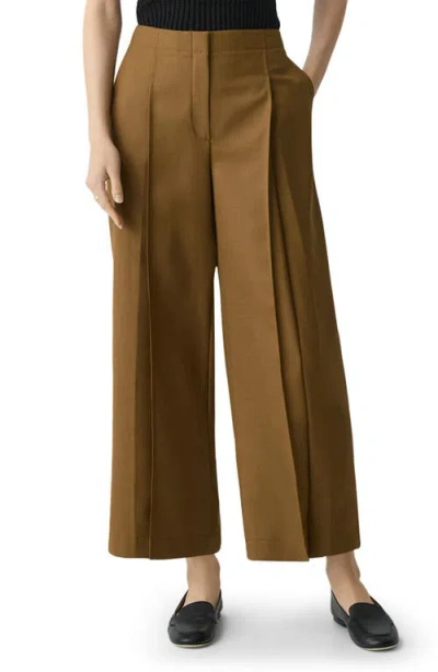 Theory City Pleated High Waist Wide Leg Pants In Brown