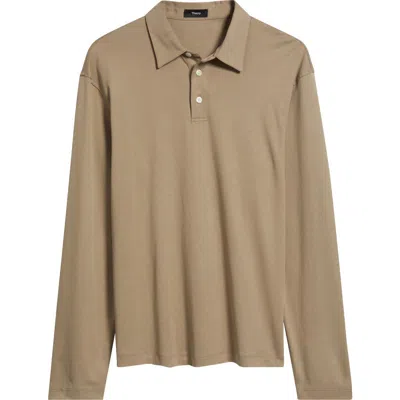 Theory City Relaxed Long Sleeve Cotton Polo In Brown