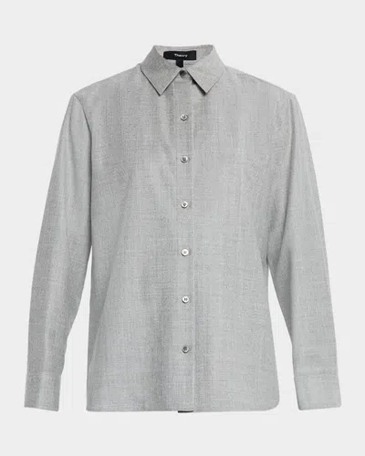 Theory Classic Cotton Flannel Button-front Shirt In Gray