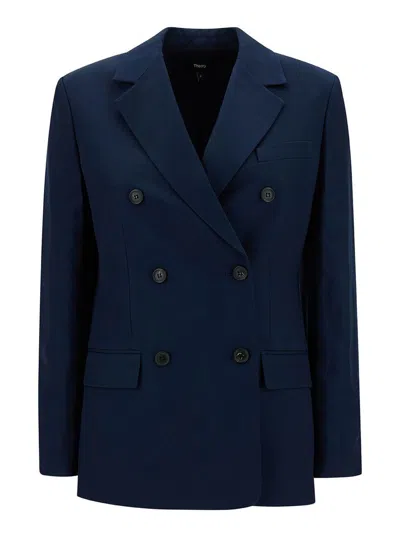 Theory Blue Double-breasted Jacket With Notched Revers In Viscose Woman