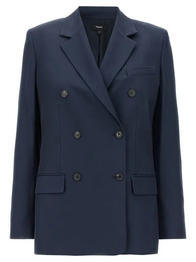 Theory Tailored Black Double-breasted Blazer With Structured Shoulders In Blue