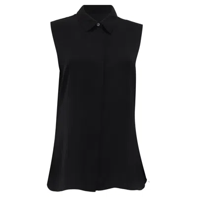 Theory Collared Georgette Short Sleeve Blouse In Black Silk