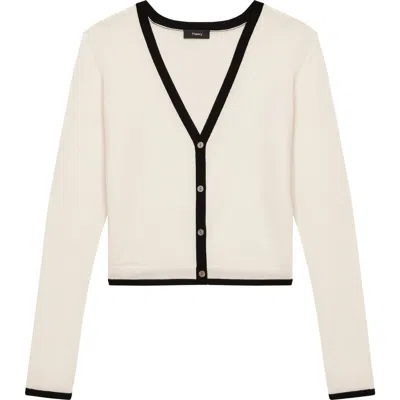 Theory Contrast Trim Wool Blend Cardigan In Ivory/black