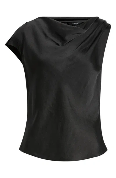 Theory Cowl Neck Single Short Sleeve Satin Top In Black