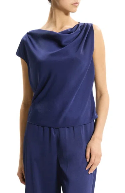 Theory Cowl Neck Single Short Sleeve Satin Top In Blue