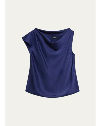 Theory Cowlneck Satin Blouse In Blue