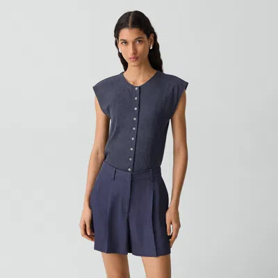 Theory Crewneck Button-up Top In Organic Slub Cotton In Blue