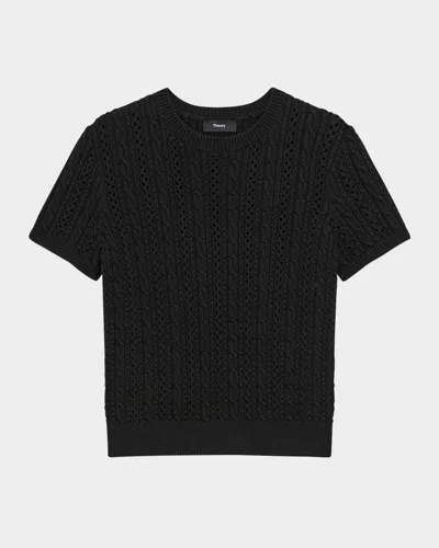 Theory Waverly Cable Knit Short Sleeve Sweater In Black