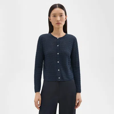 Theory Crewneck Cardigan In Cable Knit Linen In Nocturne Navy