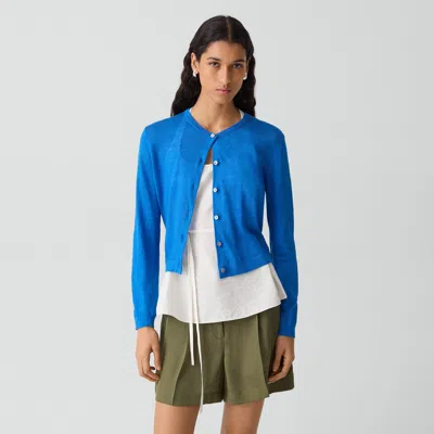 Theory Crewneck Cardigan In Linen Knit In Blue