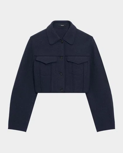 Theory Crop Boucle Trucker Jacket In Blue