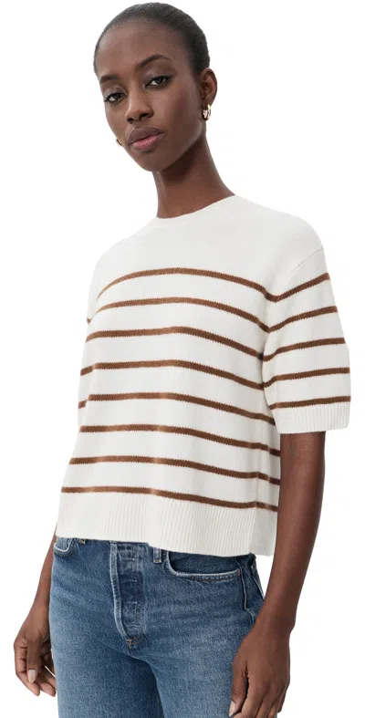 Theory Crop Stripe Cashmere Knit Tee Ivory/acacia Stripe