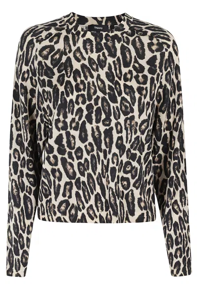 Theory Cropped Leopard Print Sweater In Merino Wool In Beige Multi