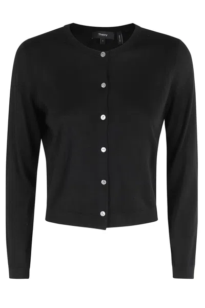 THEORY THEORY CROPPED FITTED CARDIGAN WITH CENTRAL BUTTON CLOSURE