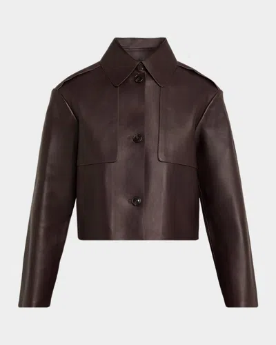 Theory Cropped Leather Trench Coat In Brown
