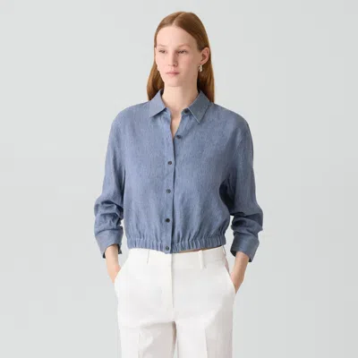 Theory Cropped Shirt In Fluid Linen In Blue