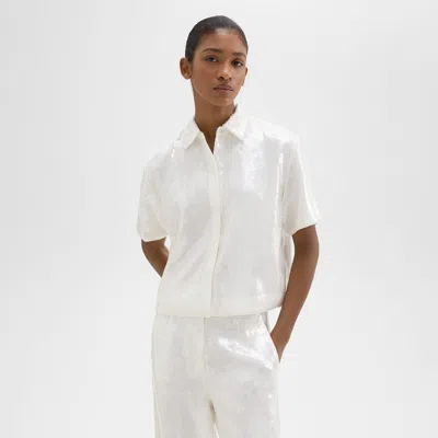 Theory Cropped Short-sleeve Shirt In Recycled Sequins In White