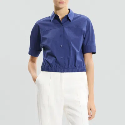 Theory Cropped Short-sleeve Shirt In Relaxed Poplin In Sapphire Navy