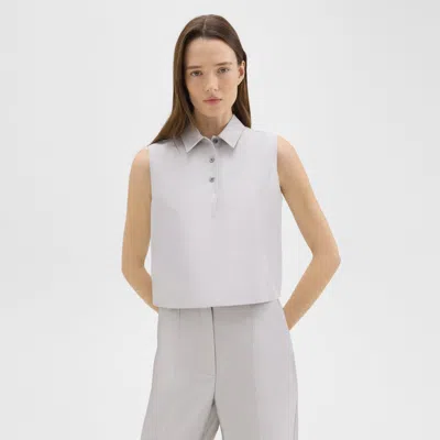 Theory Cropped Sleeveless Polo In Metallic Silk Twill In Ice Grey