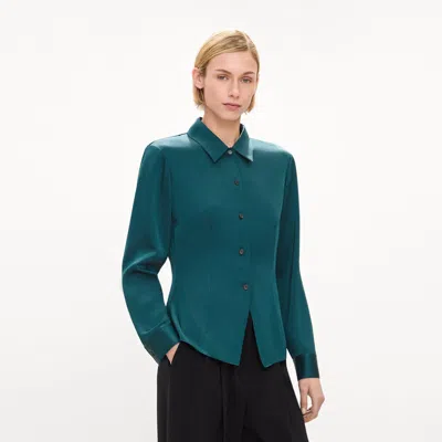 Theory Cutaway Shirt In Satin In Dark Pine