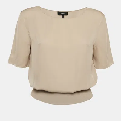 Pre-owned Theory Dark Beige Silk Half Sleeve Top S
