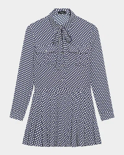 THEORY DIAMOND PRINTED PLEATED NECK-TIE MINI DRESS