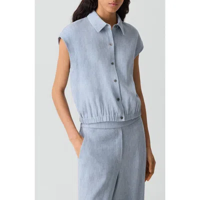 Theory Dolman Sleeve Crop Linen Blend Chambray Button-up Shirt In Blue