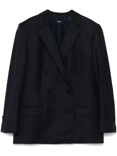 Theory Double-breasted Blazer In Blue