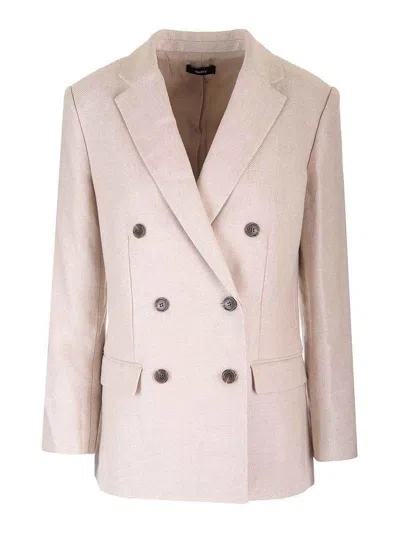 Theory Double-breasted Blazer In Linen Twill In Pink