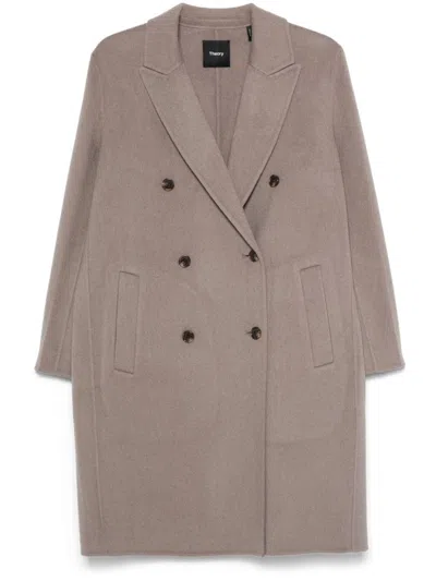 Theory Double-breasted Coat In Tortora