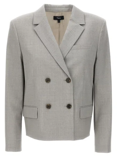 THEORY DOUBLE-BREASTED CROPPED TAILORED BLAZER