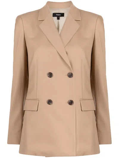 Theory Double-breasted Flannel Blazer In Brown