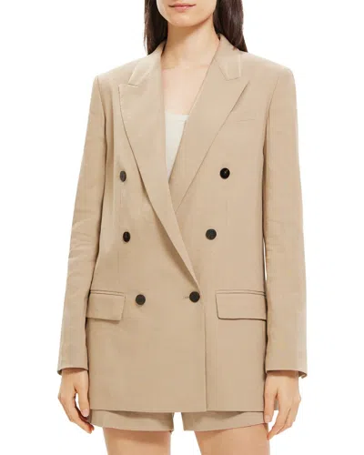 Theory Double-breasted Linen-blend Blazer In Neutral
