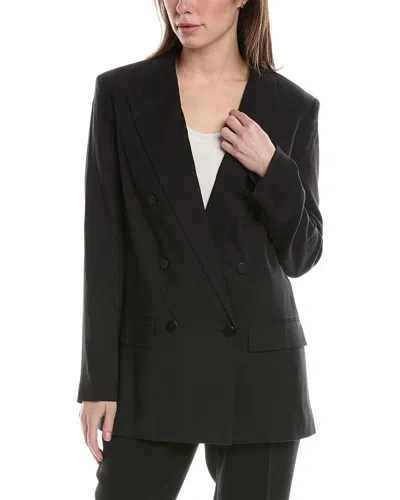 Theory Double-breasted Linen-blend Blazer In Black