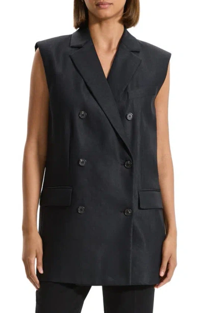 Theory Double Breasted Linen Blend Blazer In Black