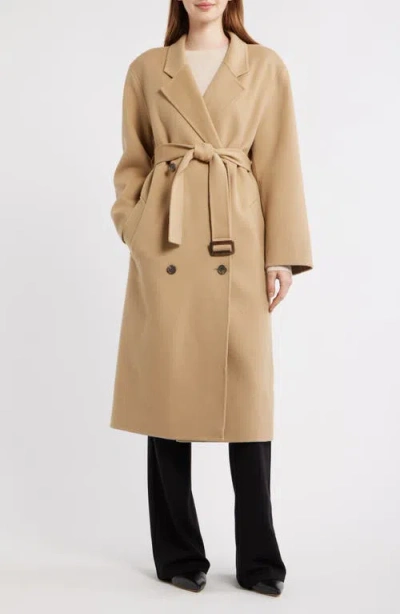 Theory Double Breasted Longline Trench Coat In Brown