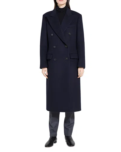Theory Double Breasted Peak Lapel Coat In Blue