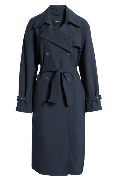 Theory Double Breasted Trench Coat In Blue