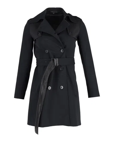 Theory Double-breasted Trench Coat With Belt In Black Cotton