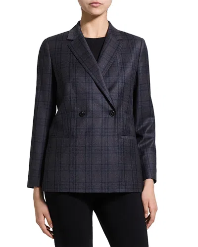Theory Classic Double Breasted Plaid Virgin Wool Blazer In Blue