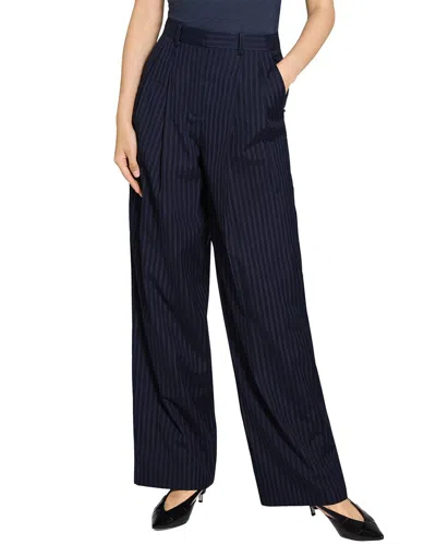 Theory Double-pleat Linen-blend Pant In Blue