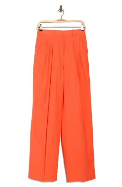 Theory Double Pleat Linen Pants In Bright Coral