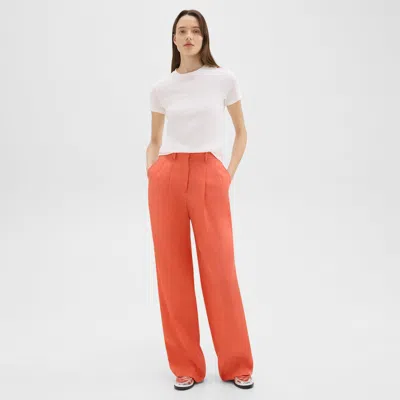 Theory Double Pleat Pant In Galena Linen In Bright Coral