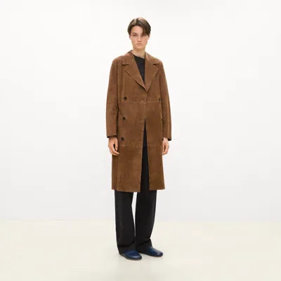 Theory Double-breasted Trench Coat In Suede In Brown