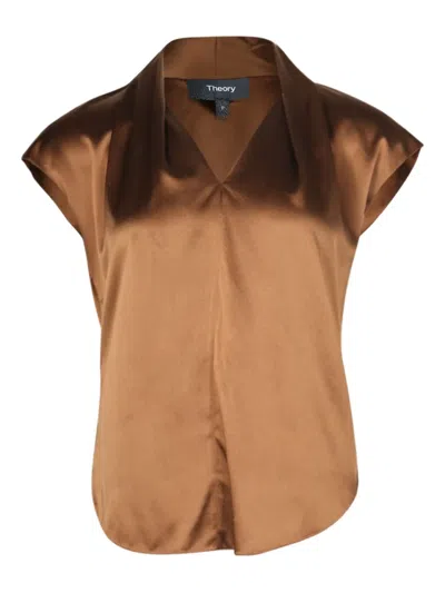 Pre-owned Theory Draped Cap-sleeve Top In Brown