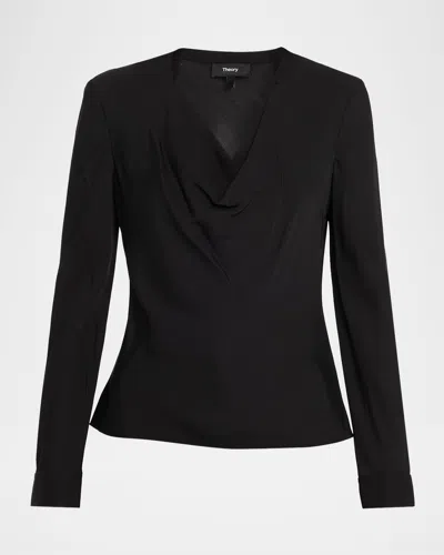Theory Draped Long-sleeve Silk Blouse In Black
